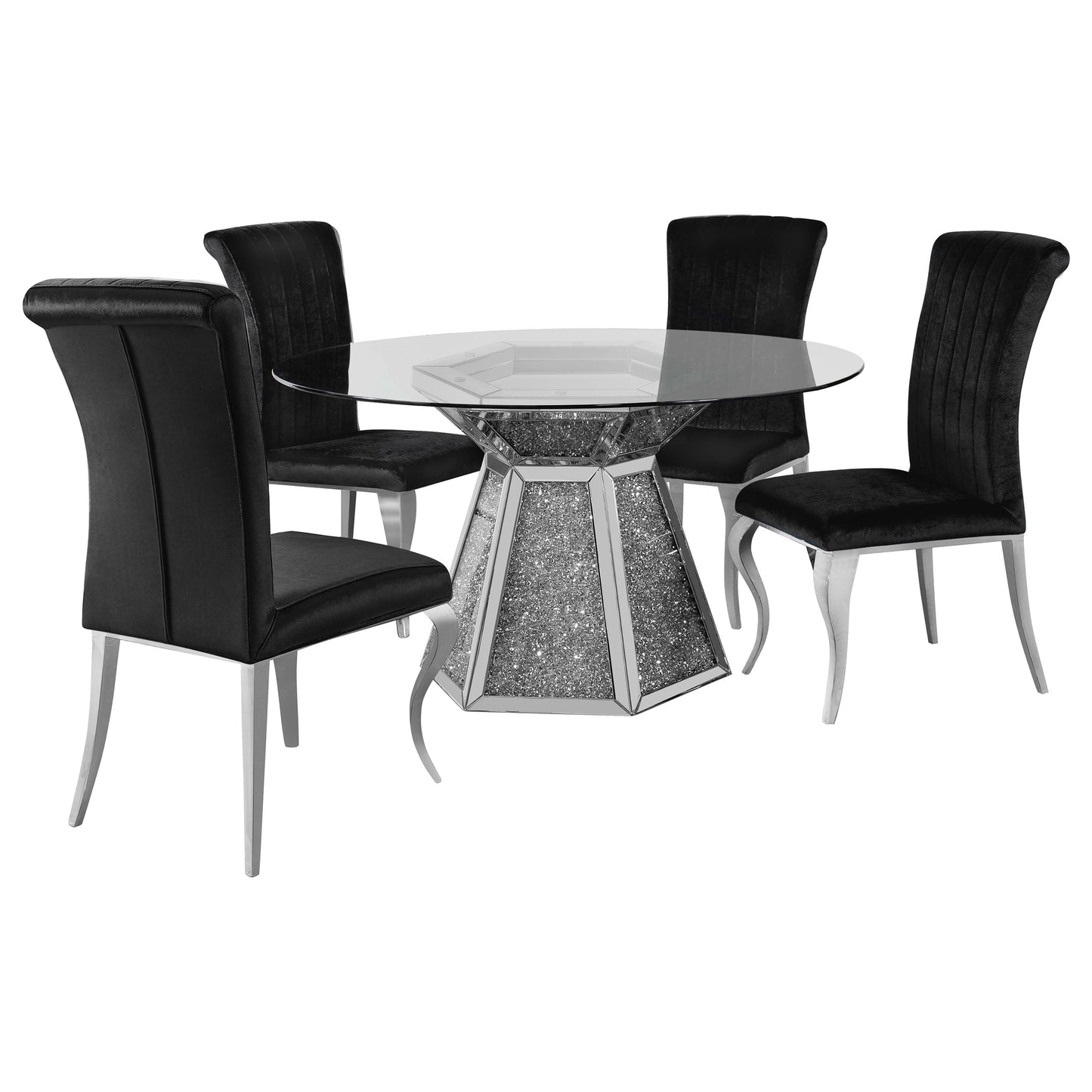 Quinn 5-piece Round Glass Top Mirrored Dining Set Black