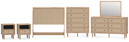 Cielden Full Upholstered Panel Bed with Mirrored Dresser, Chest and 2 Nightstands