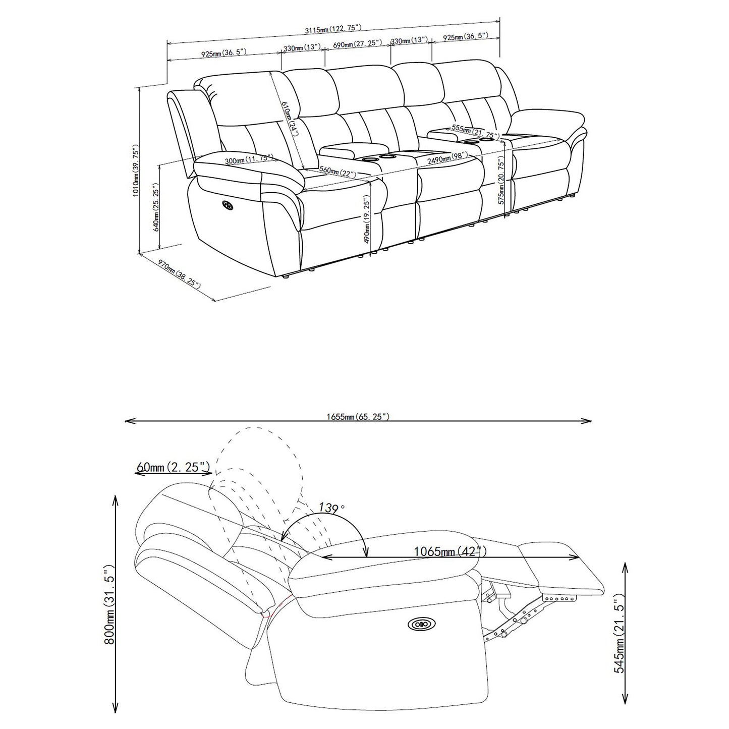 Bahrain 5-piece Power Home Theater Seating Charcoal